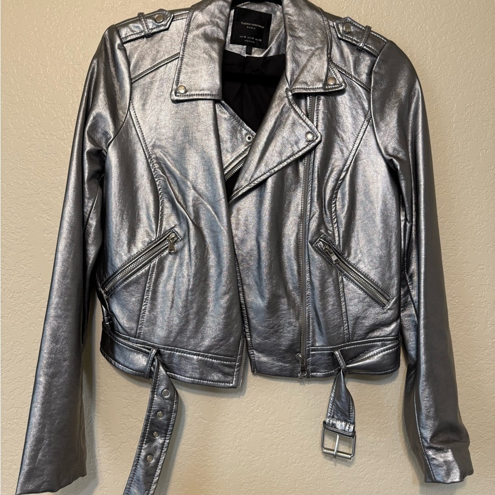 ZARA Silver Metallic Faux Leather Women's Moto Jacket